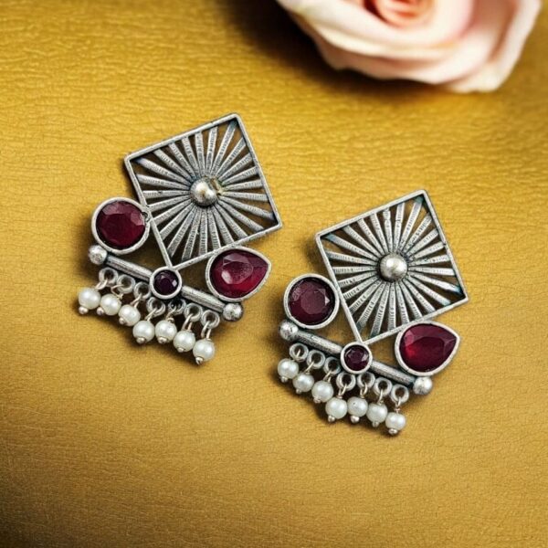Traditional Silver Replica Stud Earrings | Best Light Weight Oxidised Jewelry - "Pink"