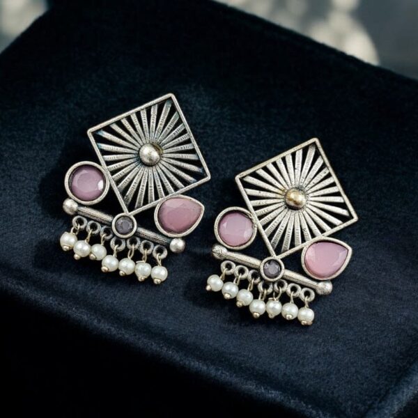 Traditional Silver Replica Stud Earrings | Best Light Weight Oxidised Jewelry - "Babypink"
