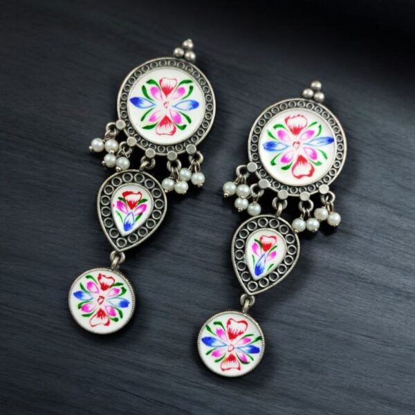 Traditional Indian Art Painting Earrings | Best Hand-Paint Oxidized Silver Replica Earring - "White"
