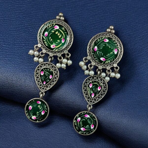 Traditional Indian Art Painting Earrings | Best Hand-Paint Oxidized Silver Replica Earring - "Green"