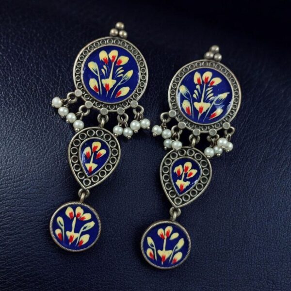 Traditional Indian Art Painting Earrings | Best Hand-Paint Oxidized Silver Replica Earring - "Blue"