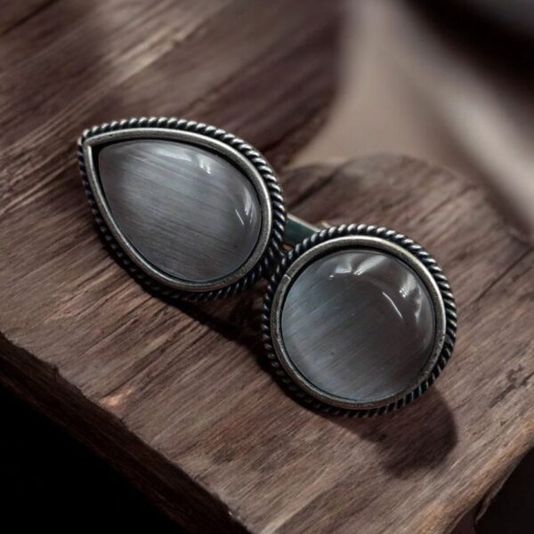 Silver Replica Ring - Oxidised Monalisa Stone Free Size Rings - "Grey"