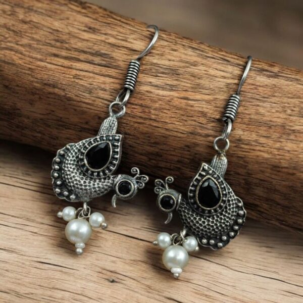 Silver Replica Peacock Hook Earrings | Best Daily Wear Oxidized Jewelry For Girls - "Black"
