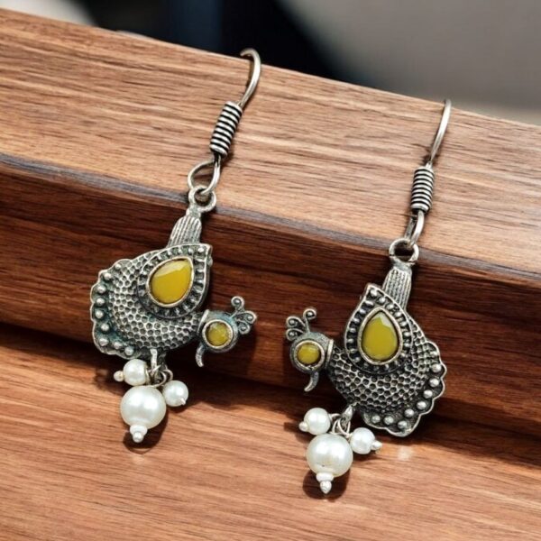 Silver Replica Peacock Hook Earrings | Best Daily Wear Oxidized Jewelry For Girls - "Yellow"