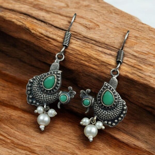 Silver Replica Peacock Hook Earrings | Best Daily Wear Oxidized Jewelry For Girls - "Mint"
