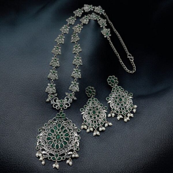 Silver Replica Long Haram Necklace Set | Best Traditional heritage Look Oxidized Jewelry - "Green"