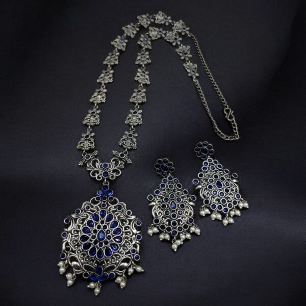 Silver Replica Long Haram Necklace Set | Best Traditional heritage Look Oxidized Jewelry - "Blue"