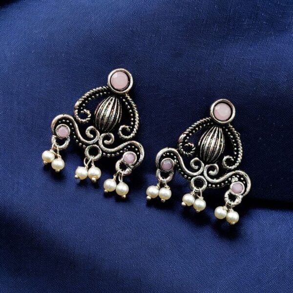 Oxidised German Silver Stud Earrings | Light Weight Best Jewelry For Girls - "Babypink"