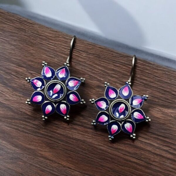 Silver Replica hand-Painting Earrings | Best Oxidized Antique Design Hook Earring - "Blue"