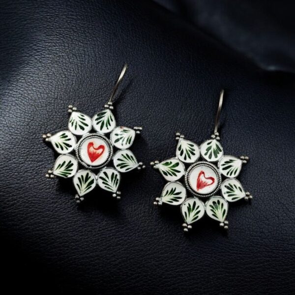 Silver Replica hand-Painting Earrings | Best Oxidized Antique Design Hook Earring - "White"