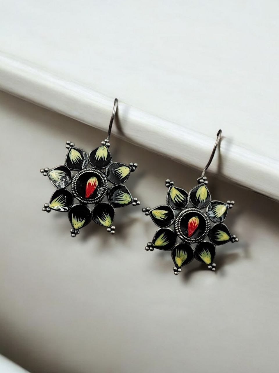 Silver Replica hand-Painting Earrings | Best Oxidized Antique Design Hook Earring - Image 5