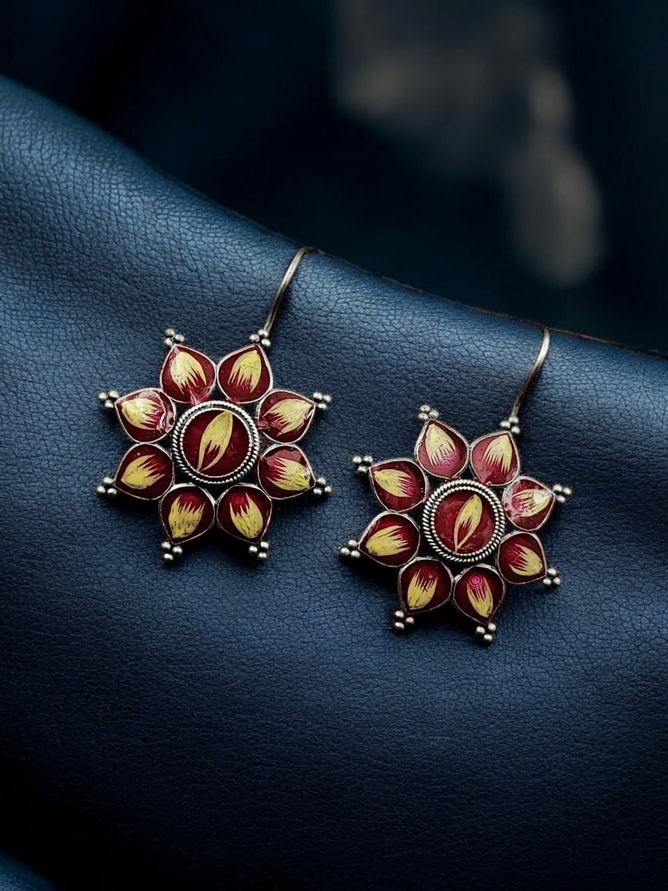 Silver Replica hand-Painting Earrings | Best Oxidized Antique Design Hook Earring - Image 3