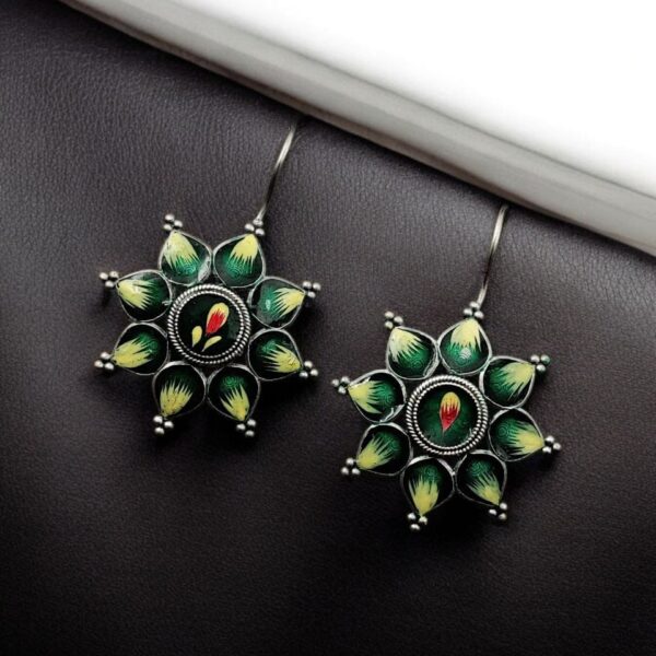 Silver Replica hand-Painting Earrings | Best Oxidized Antique Design Hook Earring - "Green"