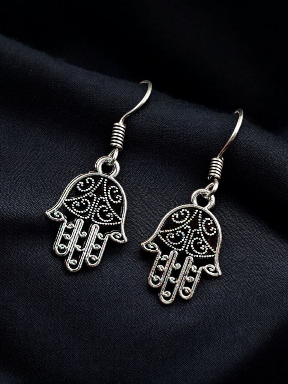 German Silver Buddha Hast Earrings | Unique Oxidized Hook Jewellery