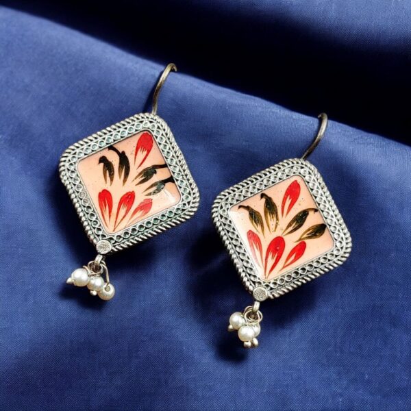 Adorable Silver Replica Earrings for Girls ? Tribal Look Hand-Painted Jewelry - "Peach"