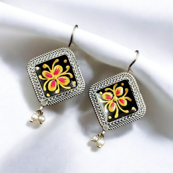 Adorable Silver Replica Earrings for Girls ? Tribal Look Hand-Painted Jewelry - "Black"
