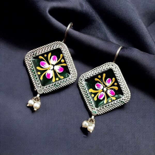 Adorable Silver Replica Earrings for Girls ? Tribal Look Hand-Painted Jewelry - "Green"