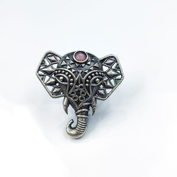 Oxidised Silver Replica Elephant Design Ring | Affordable Adjustable Size Rings For Girls - "Babypink"