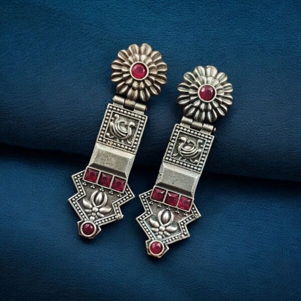 Elegant Oxidized Silver Replica Earrings | Premium Handmade Jewelry for Women - "Red"