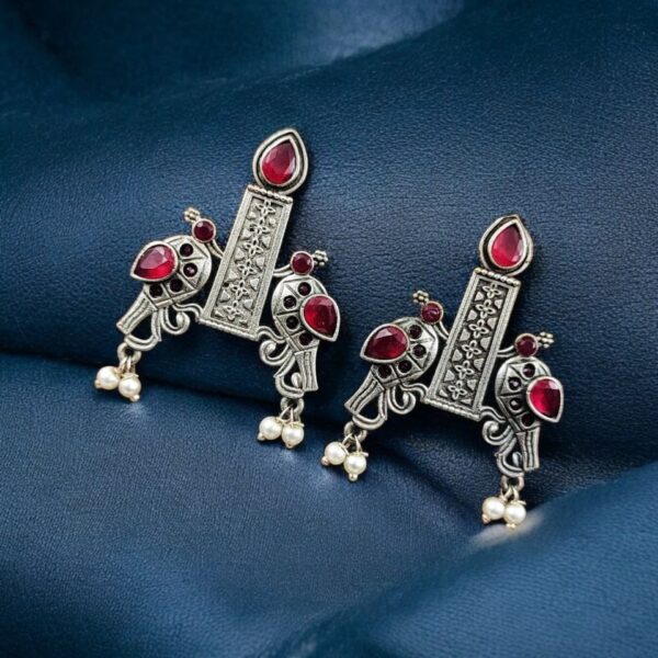 Graceful Bird Stud Earrings with Silver Replica and Stone Craft - "Pink"