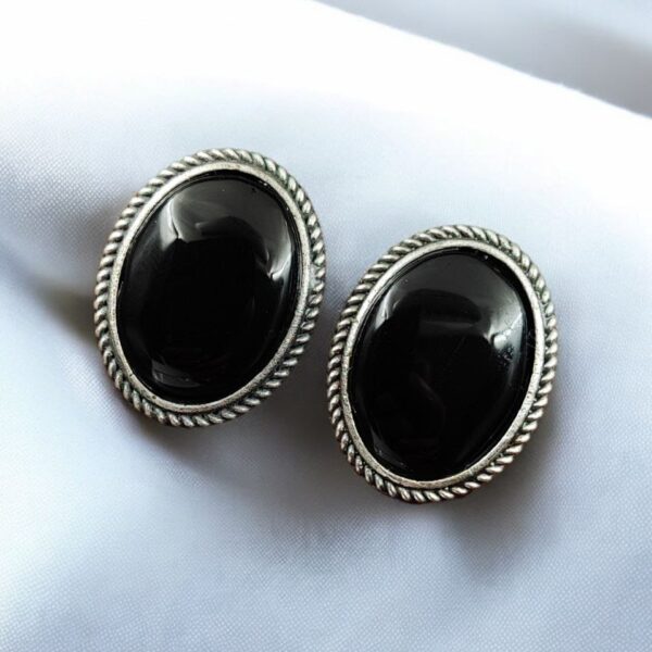 Stylish Monalisa Stone Stud Earrings in Antique Silver Perfect for Daily Use - "Black"