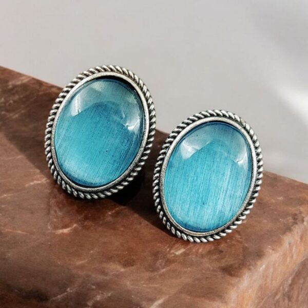 Stylish Monalisa Stone Stud Earrings in Antique Silver Perfect for Daily Use - "Aqua"