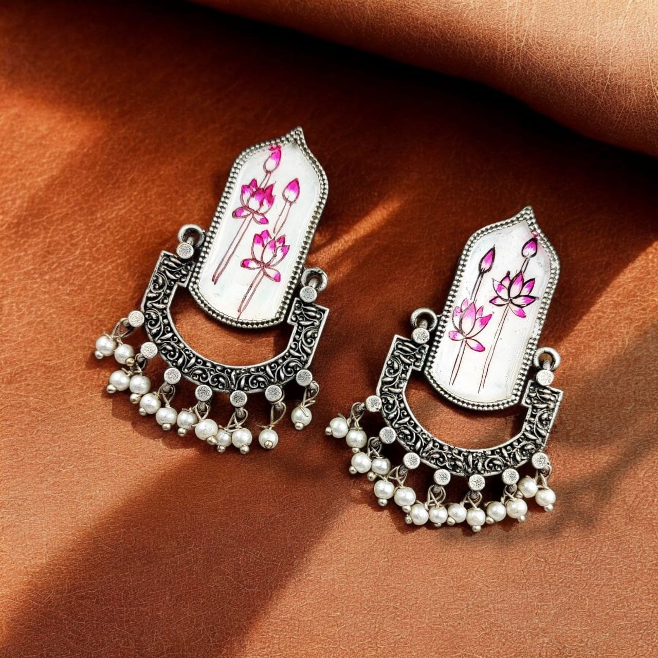 Hand-Painted Dangler Earrings ? Stunning Silver Replica Style