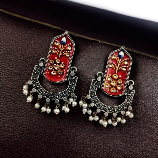 Hand-Painted Dangler Earrings ? Stunning Silver Replica Style - "Red"