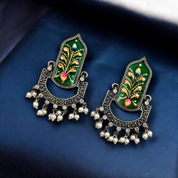 Hand-Painted Dangler Earrings ? Stunning Silver Replica Style - "Green"