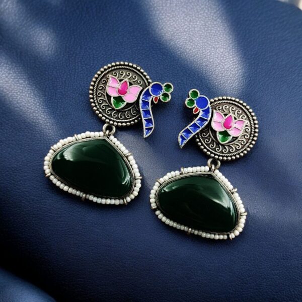 Handpainted Peacock Earrings | Best Monalisa Stone Stud with Lotus Touch - "Green"