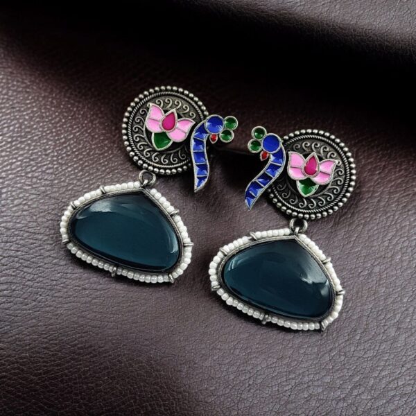 Handpainted Peacock Earrings | Best Monalisa Stone Stud with Lotus Touch - "Blue"