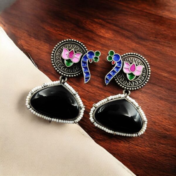 Handpainted Peacock Earrings | Best Monalisa Stone Stud with Lotus Touch - "Black"