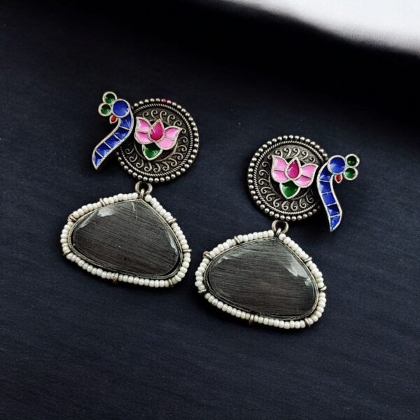 Handpainted Peacock Earrings | Best Monalisa Stone Stud with Lotus Touch - "Grey"
