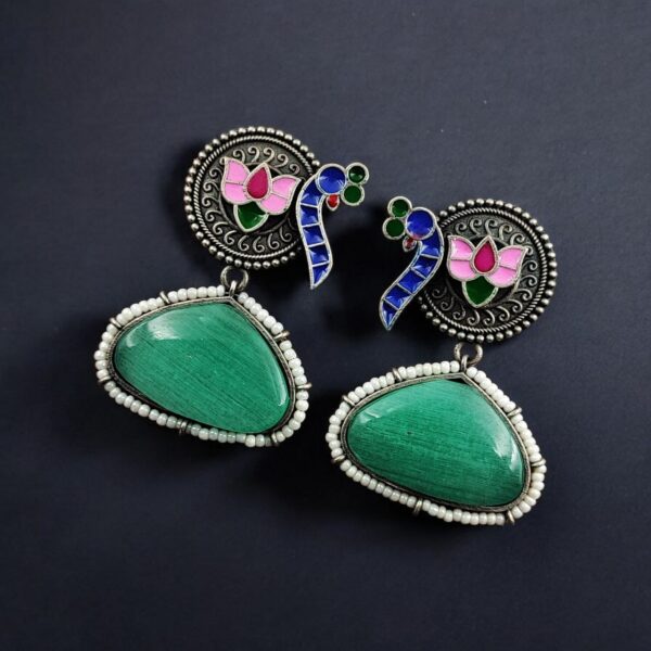 Handpainted Peacock Earrings | Best Monalisa Stone Stud with Lotus Touch - "Mint"