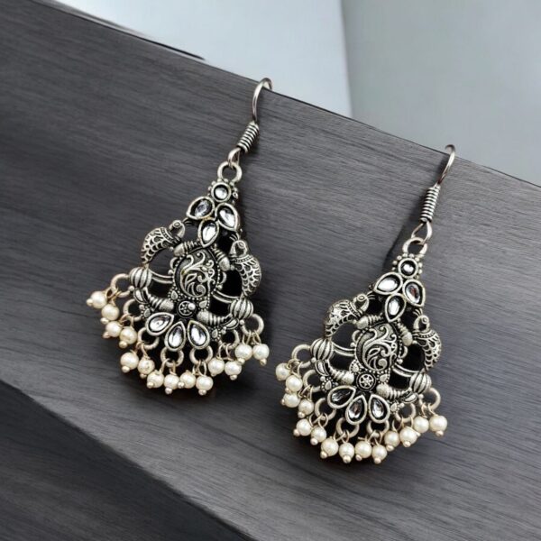 Brass Peacock Hanging Earrings with Stone Accents - Best for Every Look - "White"