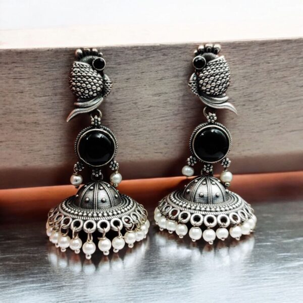 Oxidised Jhumka Earrings | Best Silver look Like Jhumki with Stone Work - "Black"