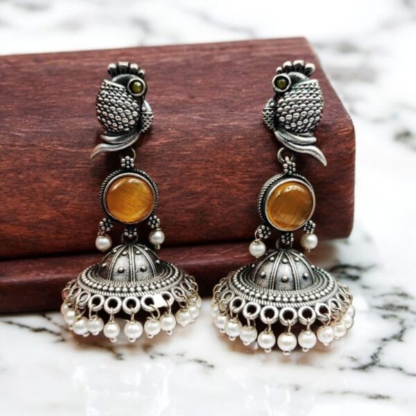 Oxidised Jhumka Earrings | Best Silver look Like Jhumki with Stone Work - "Yellow"