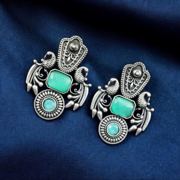 Silver Replica Monalisa Stone Earrings ? Beautiful Brass Peacock Stud Design - "Mint"