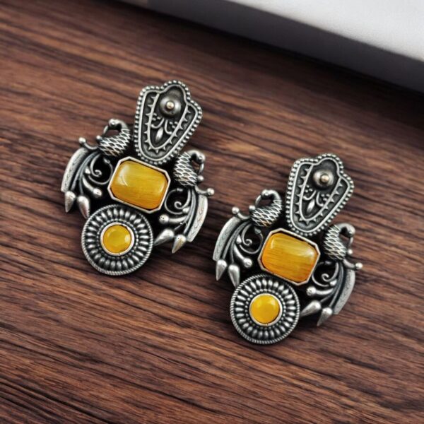Silver Replica Monalisa Stone Earrings ? Beautiful Brass Peacock Stud Design - "Yellow"