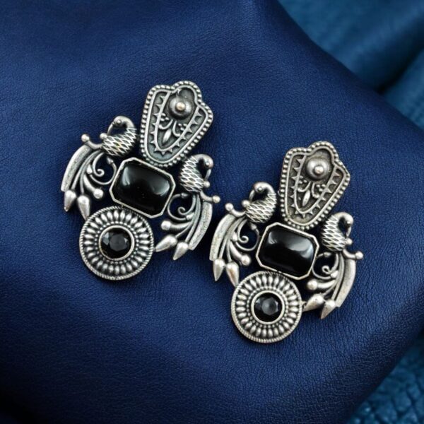 Silver Replica Monalisa Stone Earrings ? Beautiful Brass Peacock Stud Design - "Black"