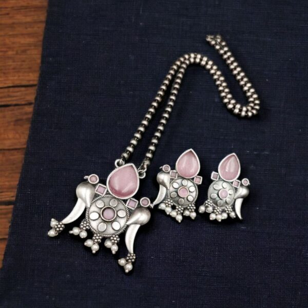 Perfect Brass Necklace with Monalisa Stone and Bird Design, Ethnic Set with Matching Earrings - "Babypink"