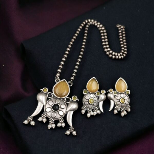 Perfect Brass Necklace with Monalisa Stone and Bird Design, Ethnic Set with Matching Earrings - "Yellow"