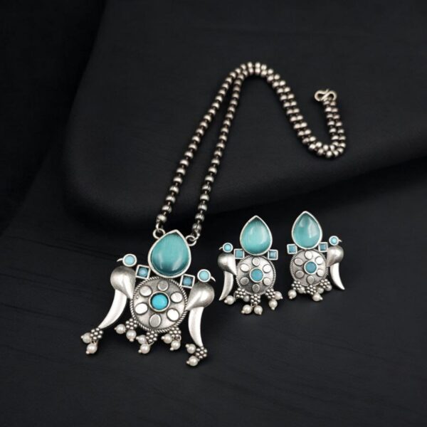 Perfect Brass Necklace with Monalisa Stone and Bird Design, Ethnic Set with Matching Earrings - "Aqua"