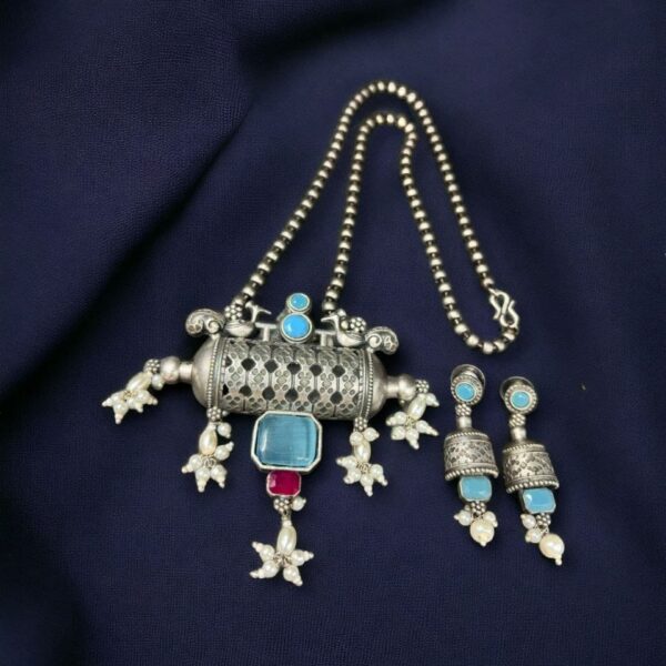Ethnic Brass Necklace with Monalisa Stone and Bird Motif, Complete with Matching Earrings - "Aqua"