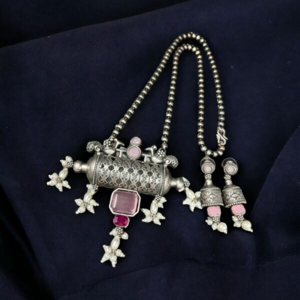 Ethnic Brass Necklace with Monalisa Stone and Bird Motif, Complete with Matching Earrings - "Babypink"