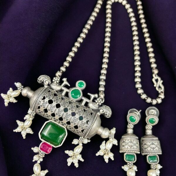 Ethnic Brass Necklace with Monalisa Stone and Bird Motif, Complete with Matching Earrings - "Green"