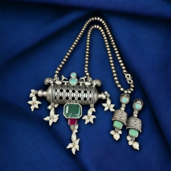 Ethnic Brass Necklace with Monalisa Stone and Bird Motif, Complete with Matching Earrings - "Mint"