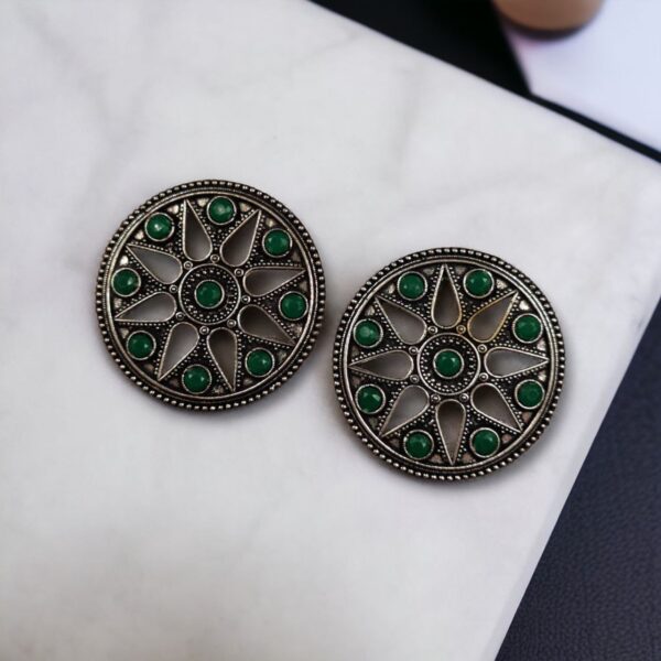 Brass Round Stud Earrings with Beautiful Stone for an Ethnic Look - "Green"