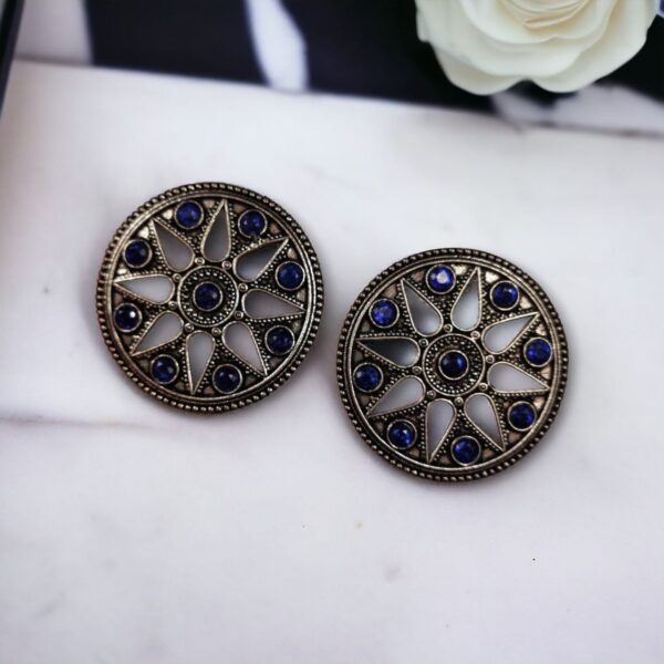 Brass Round Stud Earrings with Beautiful Stone for an Ethnic Look - "Blue"