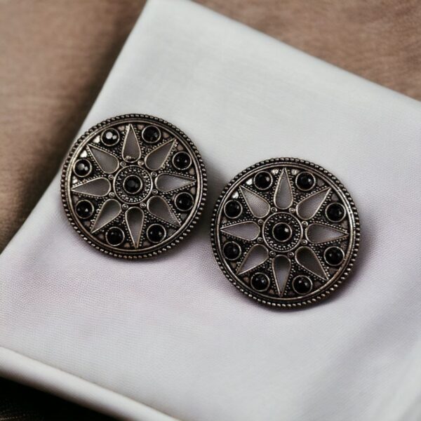 Brass Round Stud Earrings with Beautiful Stone for an Ethnic Look - "Black"